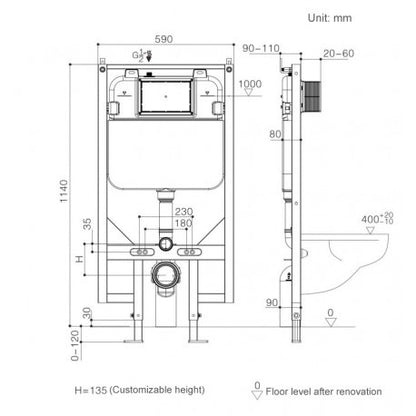 Réservoir et support pour toilette mural avec boutons poussoirs ronds